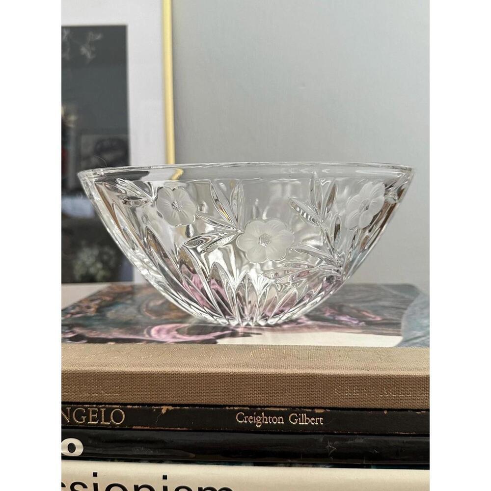 Vintage Etched Floral Clear Crystal Bowl Perfect For Makeup, Display, Catch All